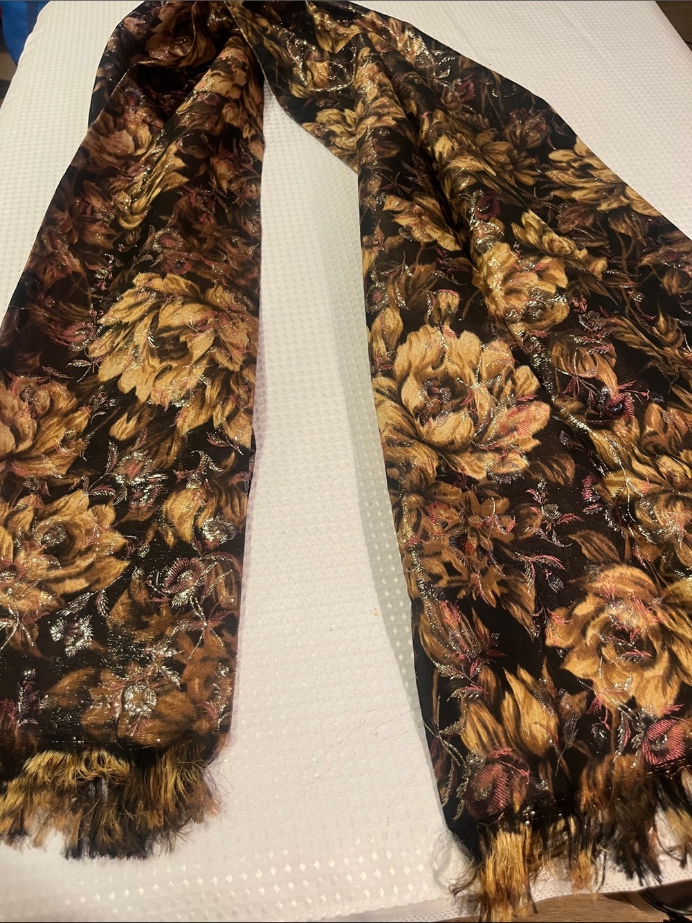 Elegant Long Flors Satin -like Scarf in Black, Gold and Brown